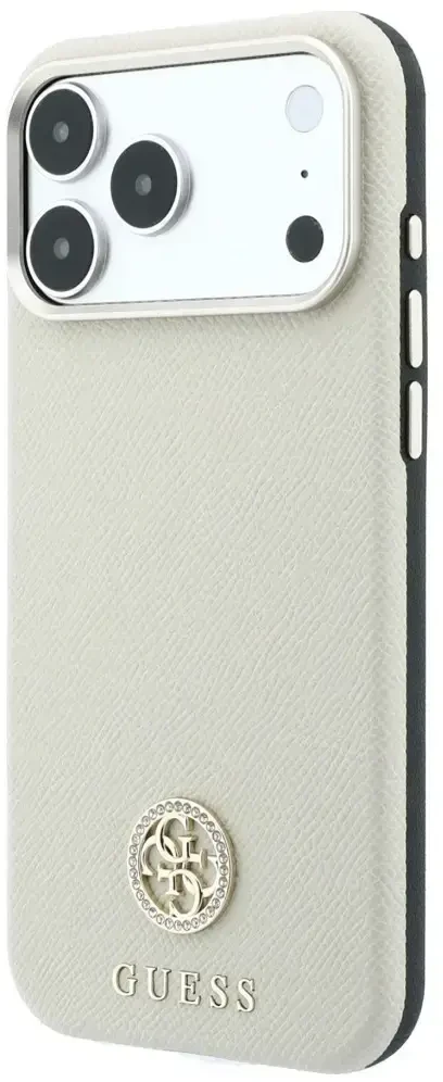 Dėklas Guess Grained Round Strass Logo MagSafe do iPhone 18 Pro / 17 Pro smėlio spalva