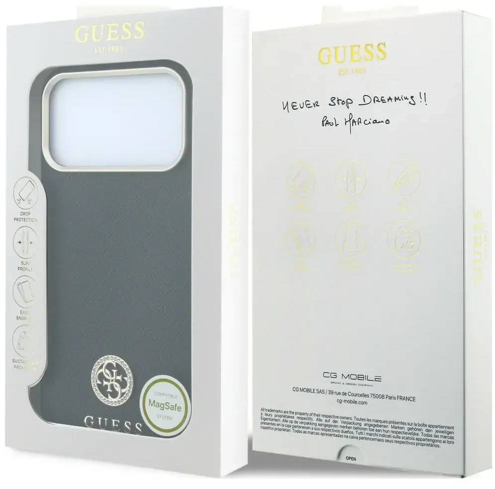 Guess Grained Round Strass Logo MagSafe dėklas, skirtas iPhone 18 Pro Max / 17 Pro Max, juodas