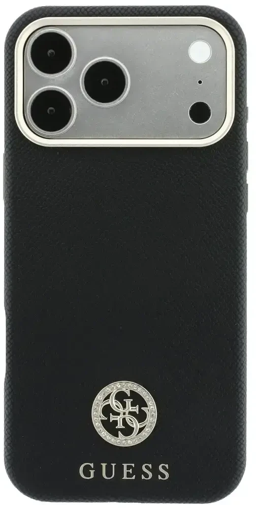 Guess Grained Round Strass Logo MagSafe dėklas, skirtas iPhone 18 Pro Max / 17 Pro Max, juodas