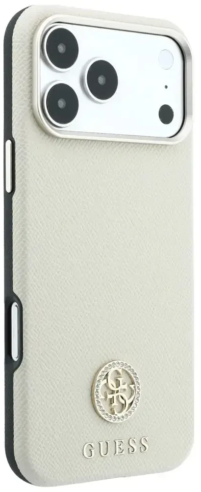 Guess Grained Round Strass Logo MagSafe dėklas, skirtas iPhone 18 Pro Max / 17 Pro Max – smėlio spalvos