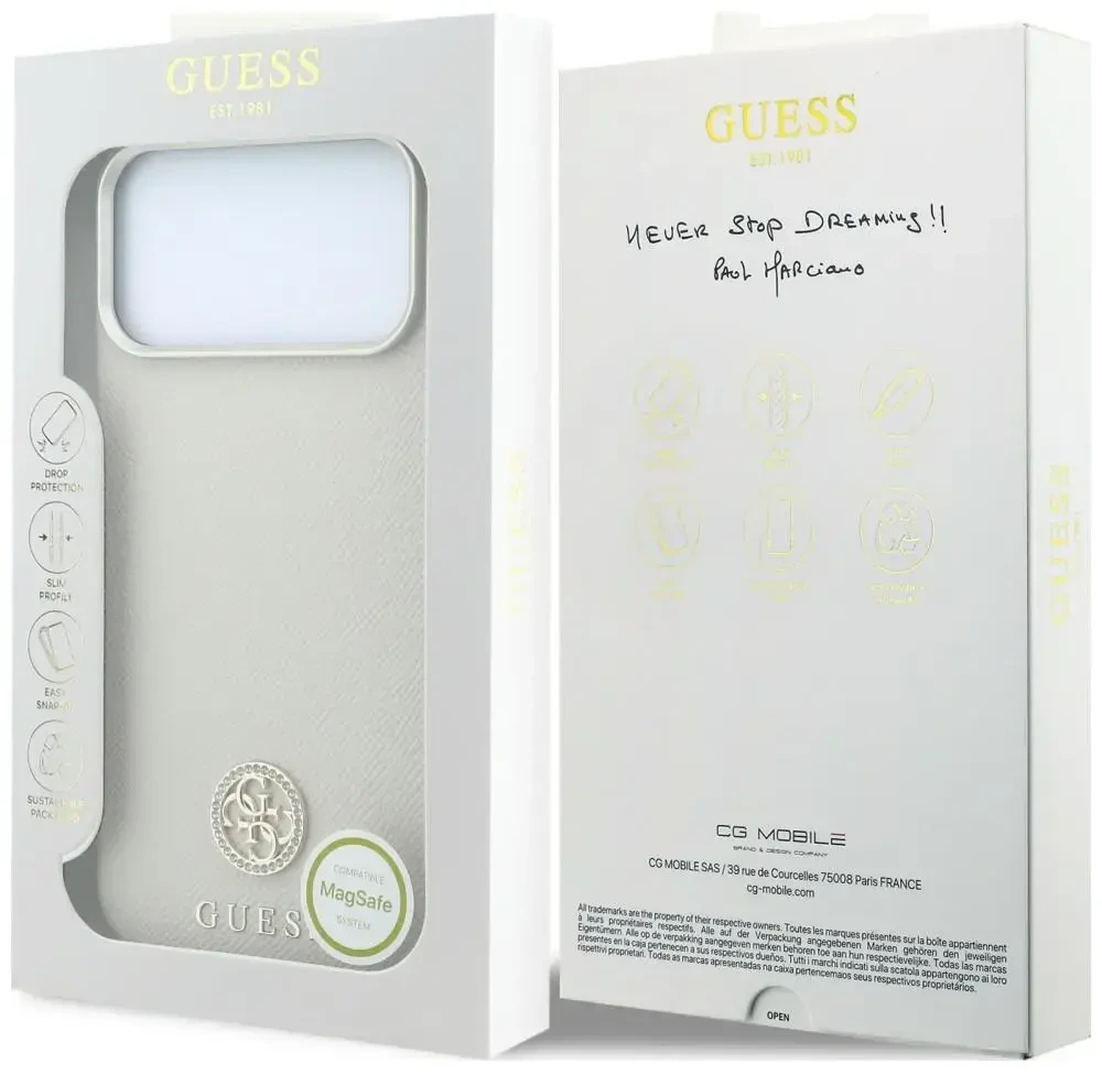 Guess Grained Round Strass Logo MagSafe dėklas, skirtas iPhone 18 Pro Max / 17 Pro Max – smėlio spalvos