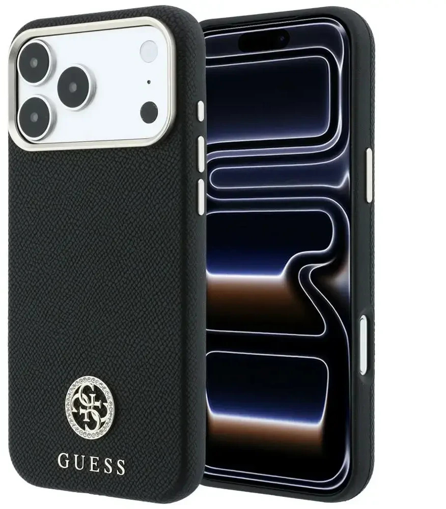 Guess Grained Round Strass Logo MagSafe dėklas, skirtas iPhone 18 Pro Max / 17 Pro Max, juodas