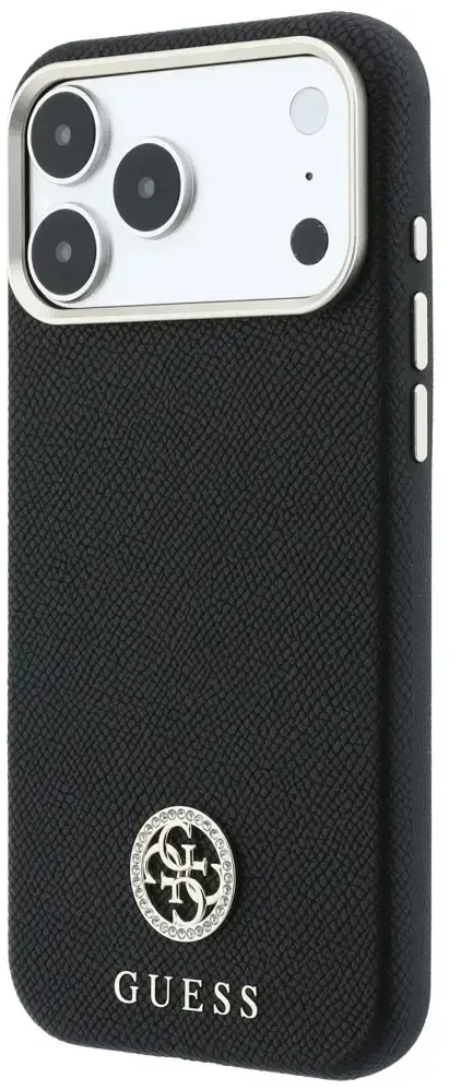 Guess Grained Round Strass Logo MagSafe dėklas, skirtas iPhone 18 Pro Max / 17 Pro Max, juodas