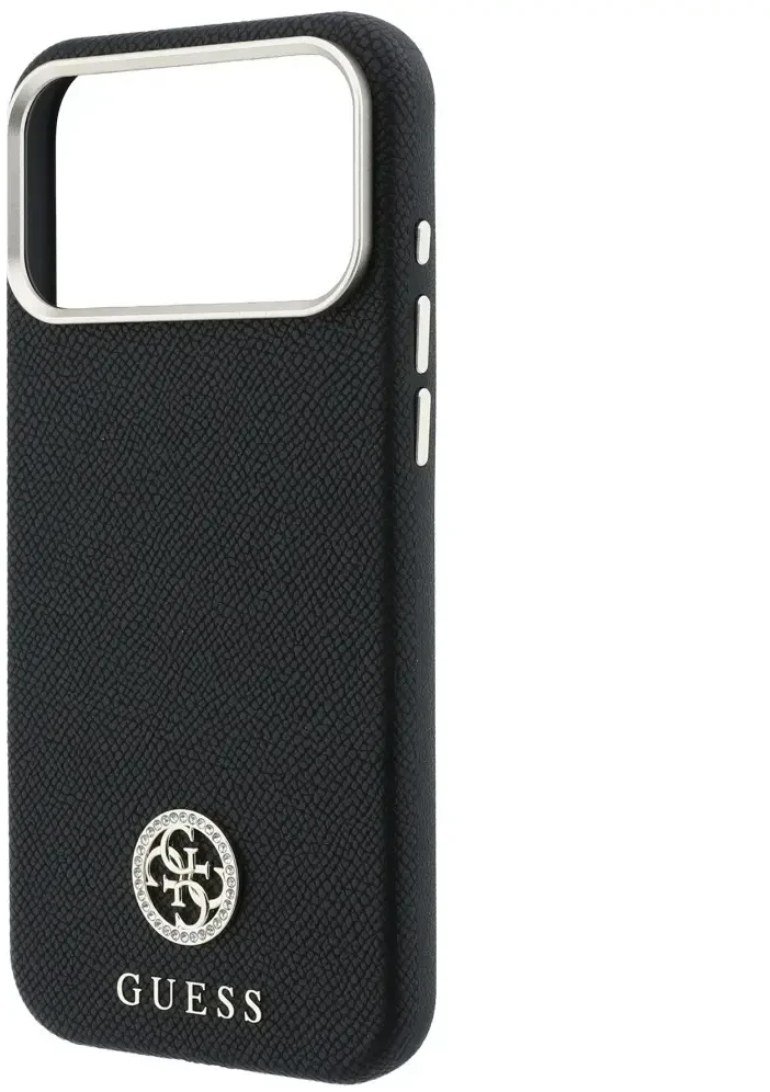 Guess Grained Round Strass Logo MagSafe dėklas, skirtas iPhone 18 Pro Max / 17 Pro Max, juodas