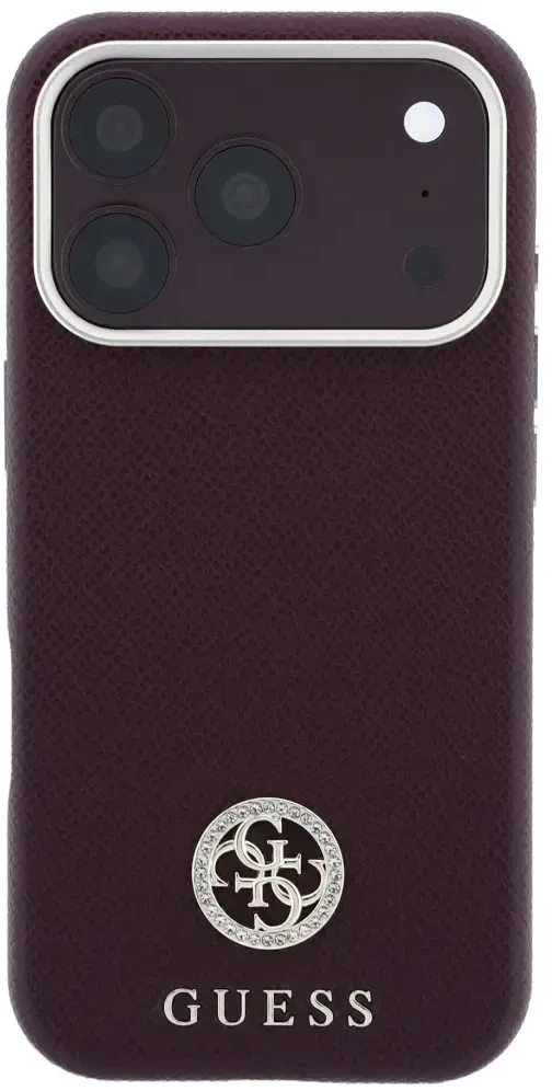 Dėklas Guess Grained Round Strass Logo MagSafe do iPhone 18 Pro Max / 17 Pro Max bordo spalvos