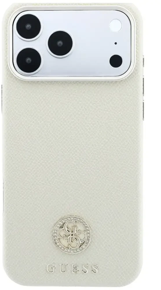 Guess Grained Round Strass Logo MagSafe dėklas, skirtas iPhone 18 Pro Max / 17 Pro Max – smėlio spalvos