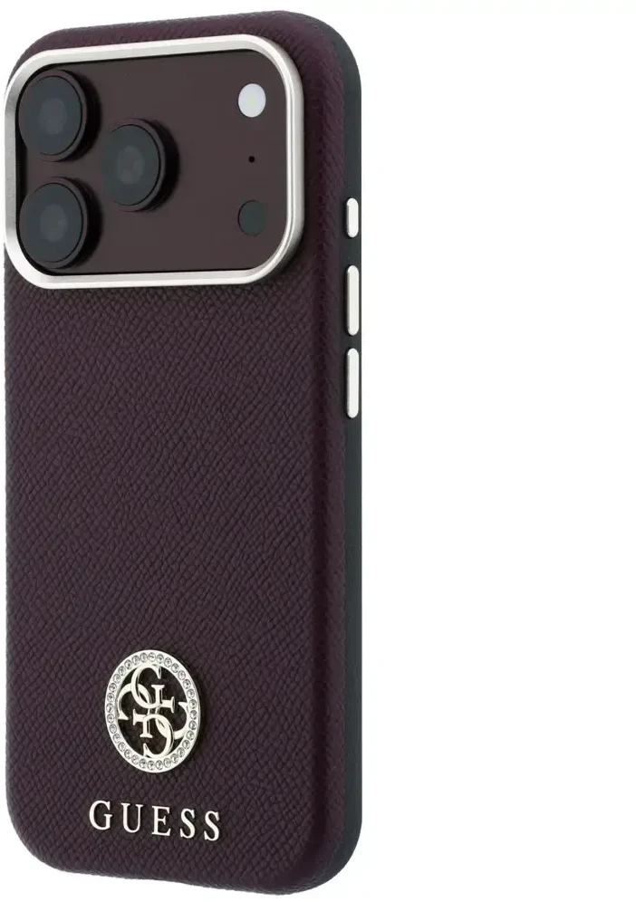 Dėklas Guess Grained Round Strass Logo MagSafe do iPhone 18 Pro Max / 17 Pro Max bordo spalvos