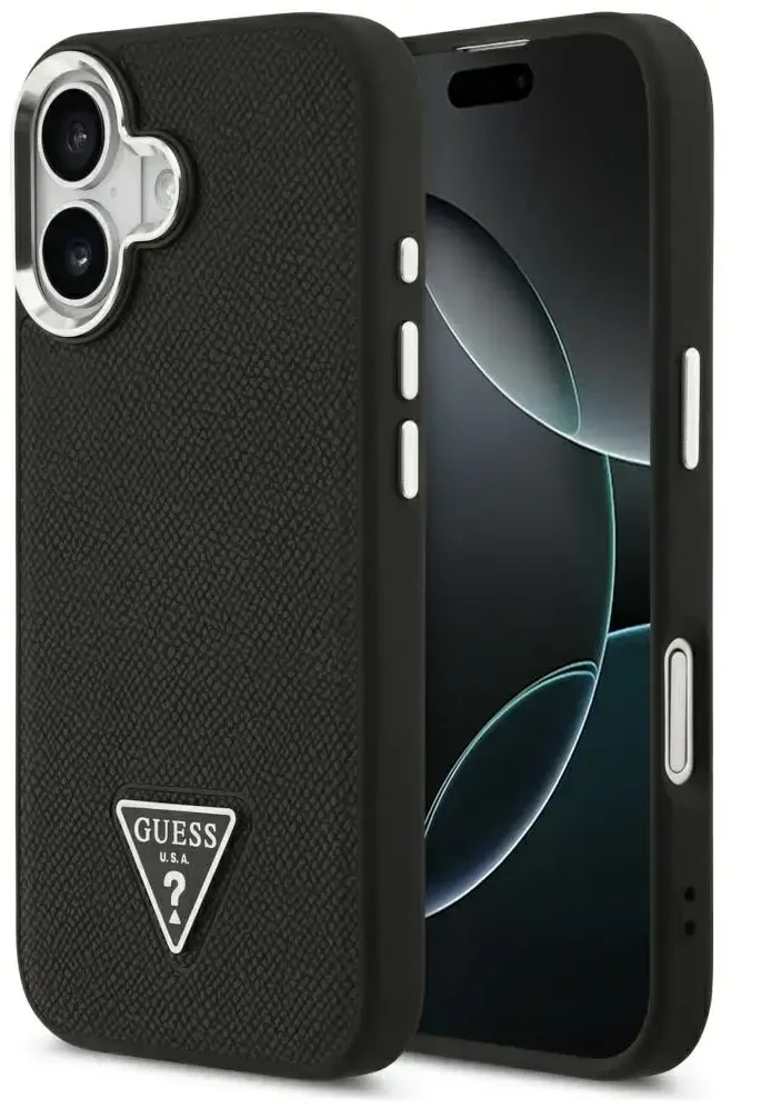 Guess Grained Triangle Logo MagSafe dėklas skirtas Apple iPhone 17 juodos spalvos