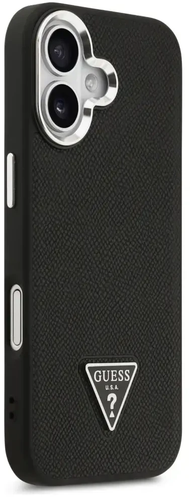 Guess Grained Triangle Logo MagSafe dėklas skirtas Apple iPhone 17 juodos spalvos