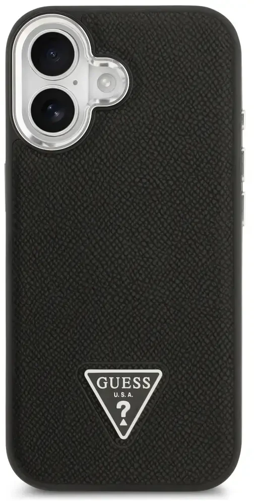 Guess Grained Triangle Logo MagSafe dėklas skirtas Apple iPhone 17 juodos spalvos