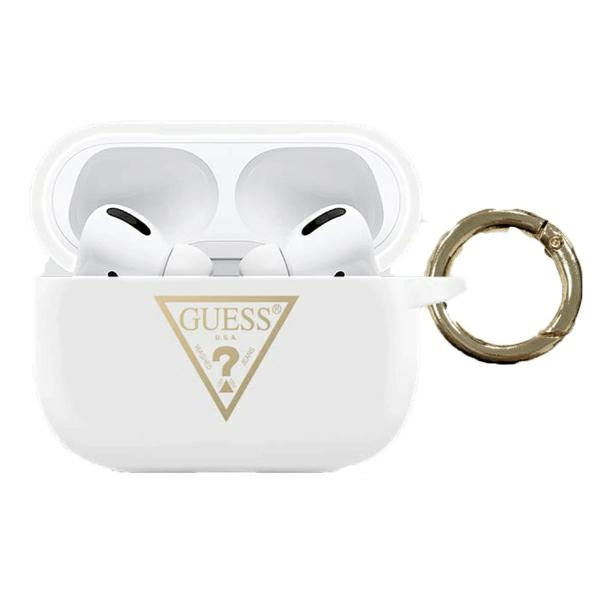 Guess silikoninis Triangle Logo apsauginis dėklas, skirtas AirPods Pro baltas
