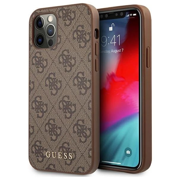 Apple iPhone 12 / 12 Pro Guess Dėklas 4G Metal Gold Logo (GUHCP12MG4GFBR) rudos spalvos