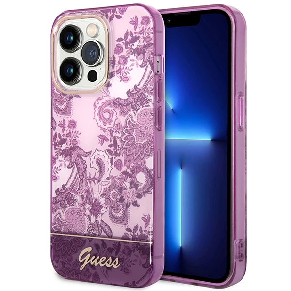 GUESS GUHCP14LHGPLHF IPHONE 14 PRO 6.1" FUKSIJOS SPALVOS KIETAS DĖKLAS SU PORCELANO KOLEKCIJA