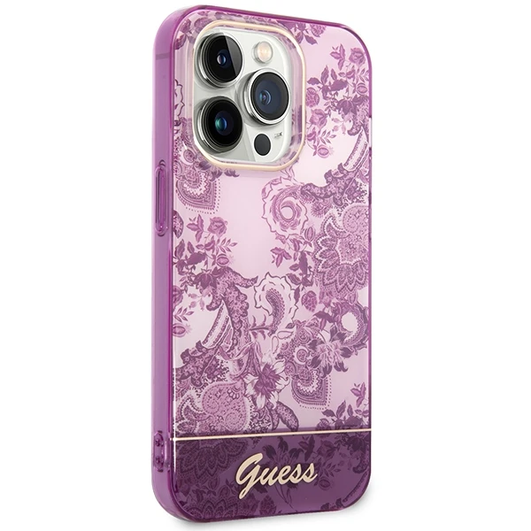GUESS GUHCP14LHGPLHF IPHONE 14 PRO 6.1" FUKSIJOS SPALVOS KIETAS DĖKLAS SU PORCELANO KOLEKCIJA