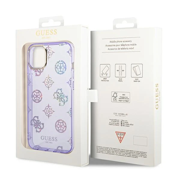 „Guess“ GUHCP14MHTPPTL iPhone 14 Plus/15 Plus 6.7" kietas alyvinis dėklas su bijūnų blizgučiais