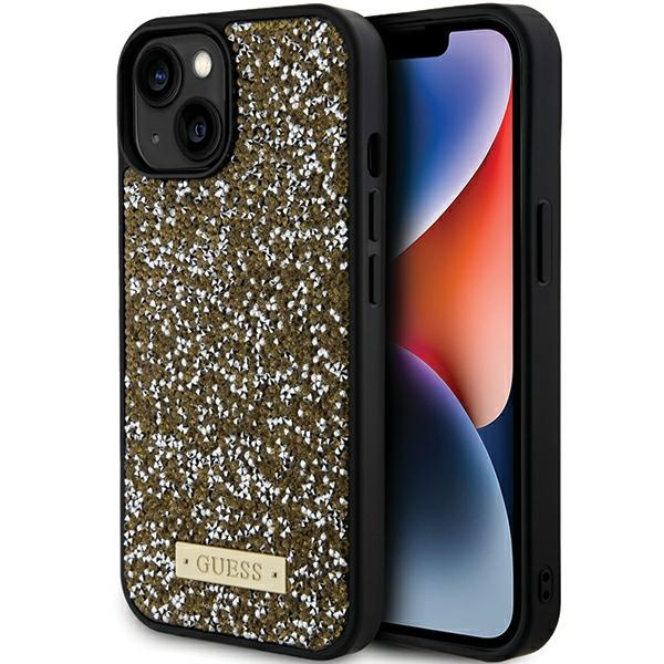 Apple iPhone 15 Guess dėklas Rhinestone Metal Logo (GUHCP15SPFGSBSD) geltonos spalvos