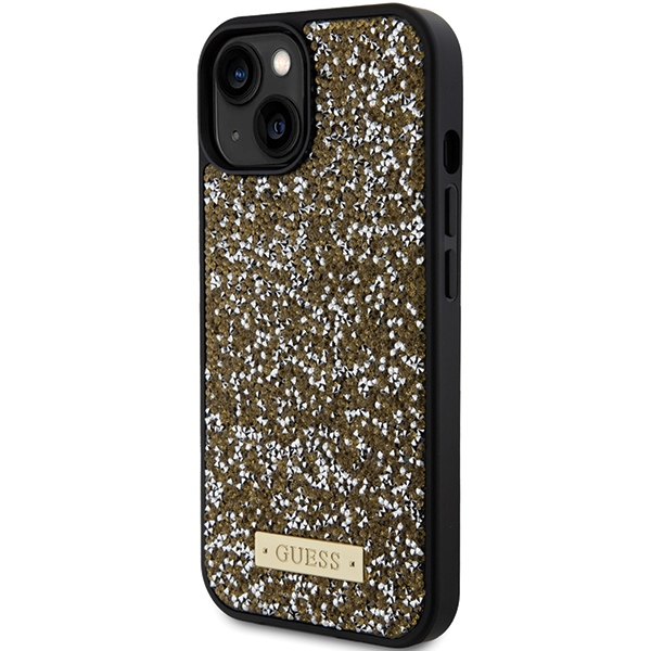 Apple iPhone 15 Guess dėklas Rhinestone Metal Logo (GUHCP15SPFGSBSD) geltonos spalvos