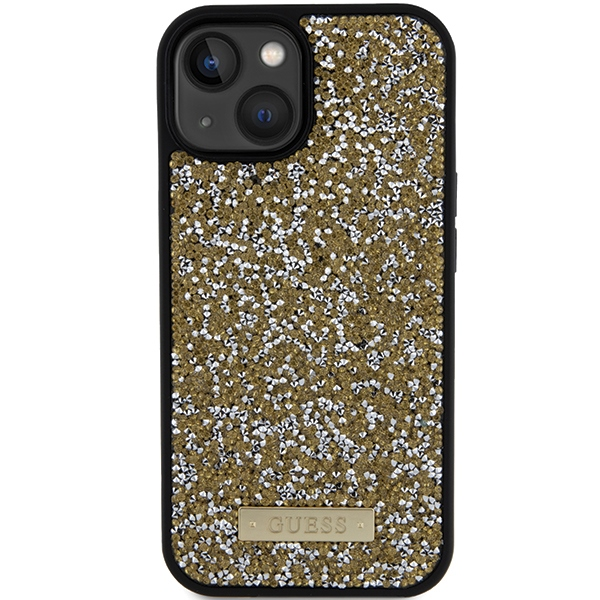 Apple iPhone 15 Guess dėklas Rhinestone Metal Logo (GUHCP15SPFGSBSD) geltonos spalvos