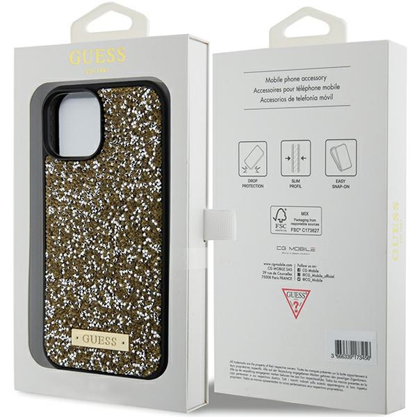 Apple iPhone 15 Guess dėklas Rhinestone Metal Logo (GUHCP15SPFGSBSD) geltonos spalvos