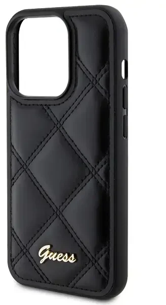 Guess GUHCP15XPSQSQSK dygsniuotas metalo logotipo telefonų dėklas iPhone 15 Pro Max juodas