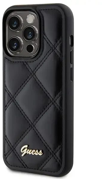 Guess GUHCP15XPSQSQSK dygsniuotas metalo logotipo telefonų dėklas iPhone 15 Pro Max juodas