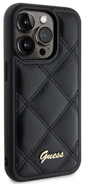 Guess GUHCP15XPSQSQSK dygsniuotas metalo logotipo telefonų dėklas iPhone 15 Pro Max juodas