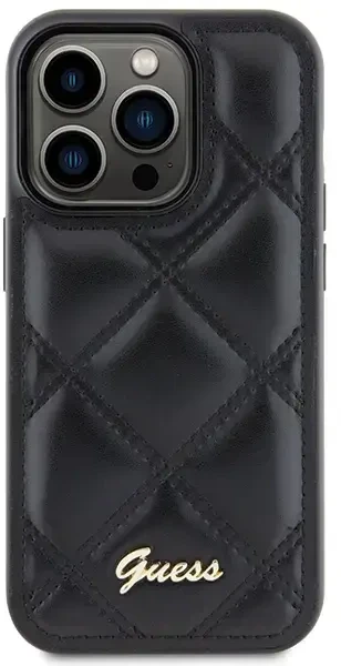 Guess GUHCP15XPSQSQSK dygsniuotas metalo logotipo telefonų dėklas iPhone 15 Pro Max juodas