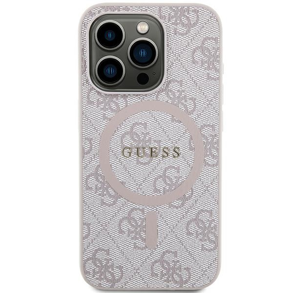 Apple iPhone 13 Pro Max Guess dėklas 4G Collection odinis Metal Logo MagSafe (GUHMP13XG4GFRP) rožinės spalvos