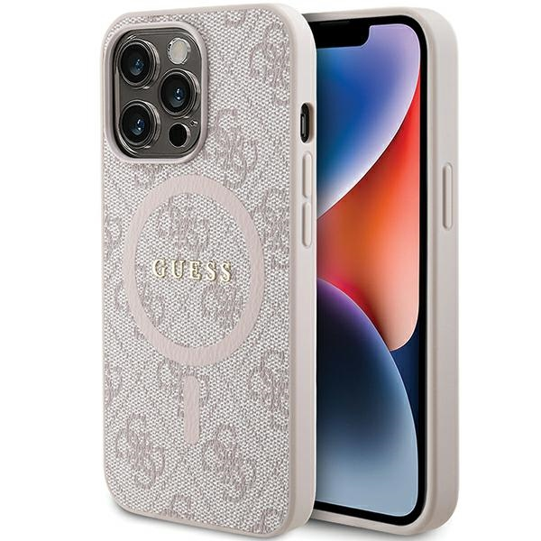 Apple iPhone 13 Pro Max Guess dėklas 4G Collection odinis Metal Logo MagSafe (GUHMP13XG4GFRP) rožinės spalvos
