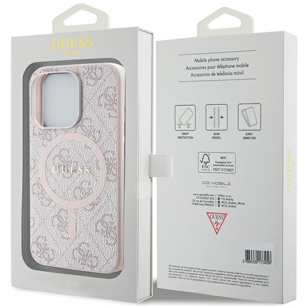 Apple iPhone 13 Pro Max Guess dėklas 4G Collection odinis Metal Logo MagSafe (GUHMP13XG4GFRP) rožinės spalvos