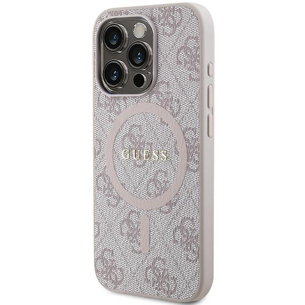 Apple iPhone 13 Pro Max Guess dėklas 4G Collection odinis Metal Logo MagSafe (GUHMP13XG4GFRP) rožinės spalvos