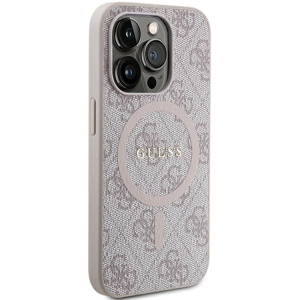 Apple iPhone 13 Pro Max Guess dėklas 4G Collection odinis Metal Logo MagSafe (GUHMP13XG4GFRP) rožinės spalvos