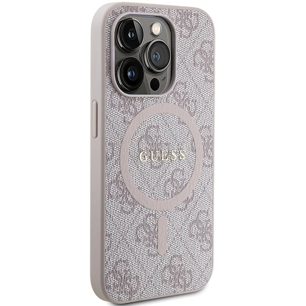Guess GUHMP15XG4GFRP Apple iPhone 15 Pro Max 6.7" rožinės spalvos harddėklas 4G Collection Leather Metal Logo Mag