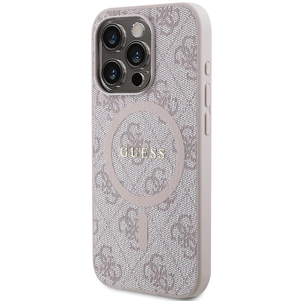 Guess GUHMP15XG4GFRP Apple iPhone 15 Pro Max 6.7" rožinės spalvos harddėklas 4G Collection Leather Metal Logo Mag