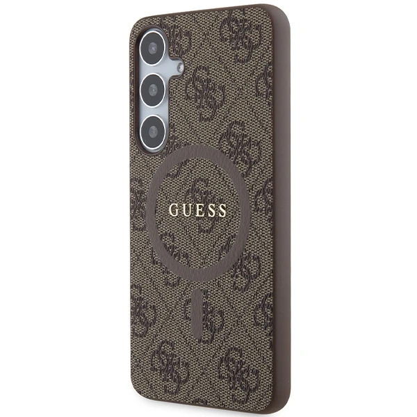Samsung Galaxy S24 Plus Guess dėklas 4G Collection odinis Metal Logo MagSafe (GUHMS24MG4GFRW) rudos spalvos