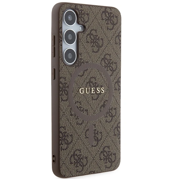 Samsung Galaxy S24 Plus Guess dėklas 4G Collection odinis Metal Logo MagSafe (GUHMS24MG4GFRW) rudos spalvos