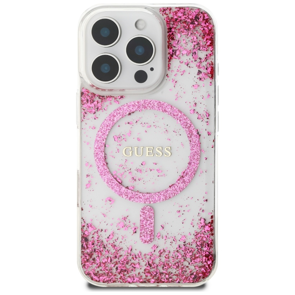 Dėklas GUESS HC Resin Bottom Glitter Magsafe skirtas Apple iPhone 16 Pro rožinės spalvos