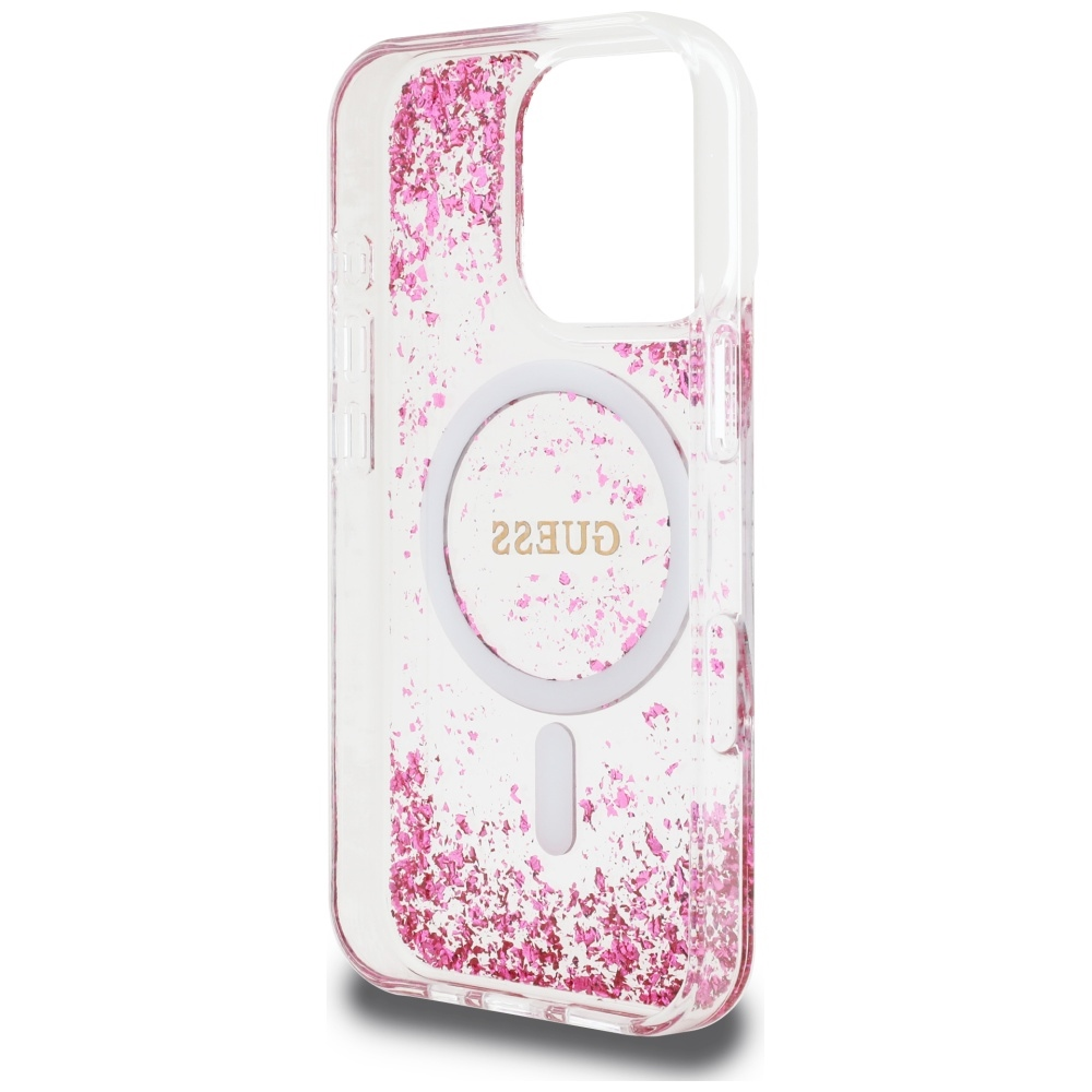 Dėklas GUESS HC Resin Bottom Glitter Magsafe skirtas Apple iPhone 16 Pro rožinės spalvos