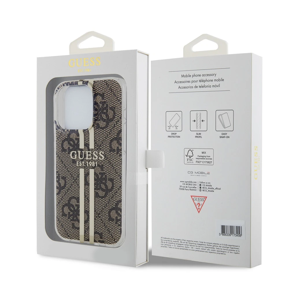 Dėklas GUESS GUHCP15XH4SGW IPHONE 15 PRO MAX 6.7 "BROWN/BROWN HARDCASE IML 4G GOLD STRIPE