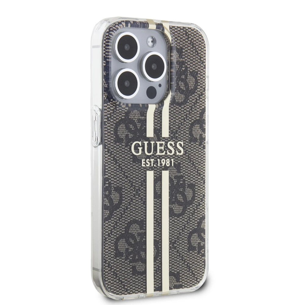 Dėklas GUESS GUHCP15XH4SGW IPHONE 15 PRO MAX 6.7 "BROWN/BROWN HARDCASE IML 4G GOLD STRIPE