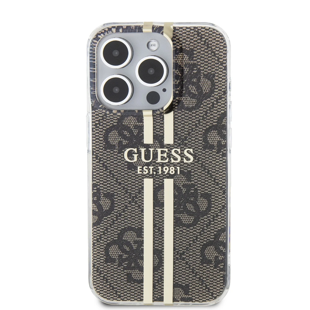 Dėklas GUESS GUHCP15XH4SGW IPHONE 15 PRO MAX 6.7 "BROWN/BROWN HARDCASE IML 4G GOLD STRIPE