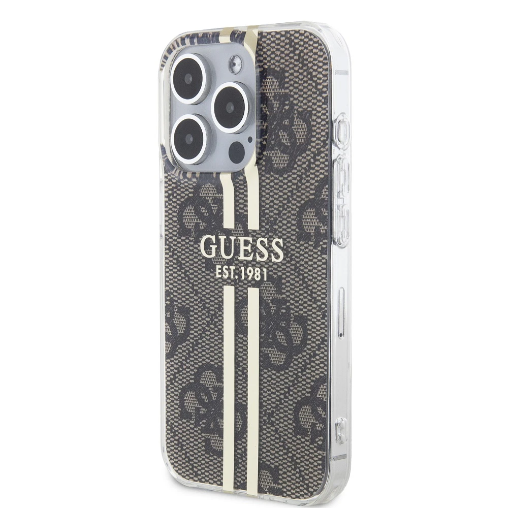 Dėklas GUESS GUHCP15XH4SGW IPHONE 15 PRO MAX 6.7 "BROWN/BROWN HARDCASE IML 4G GOLD STRIPE