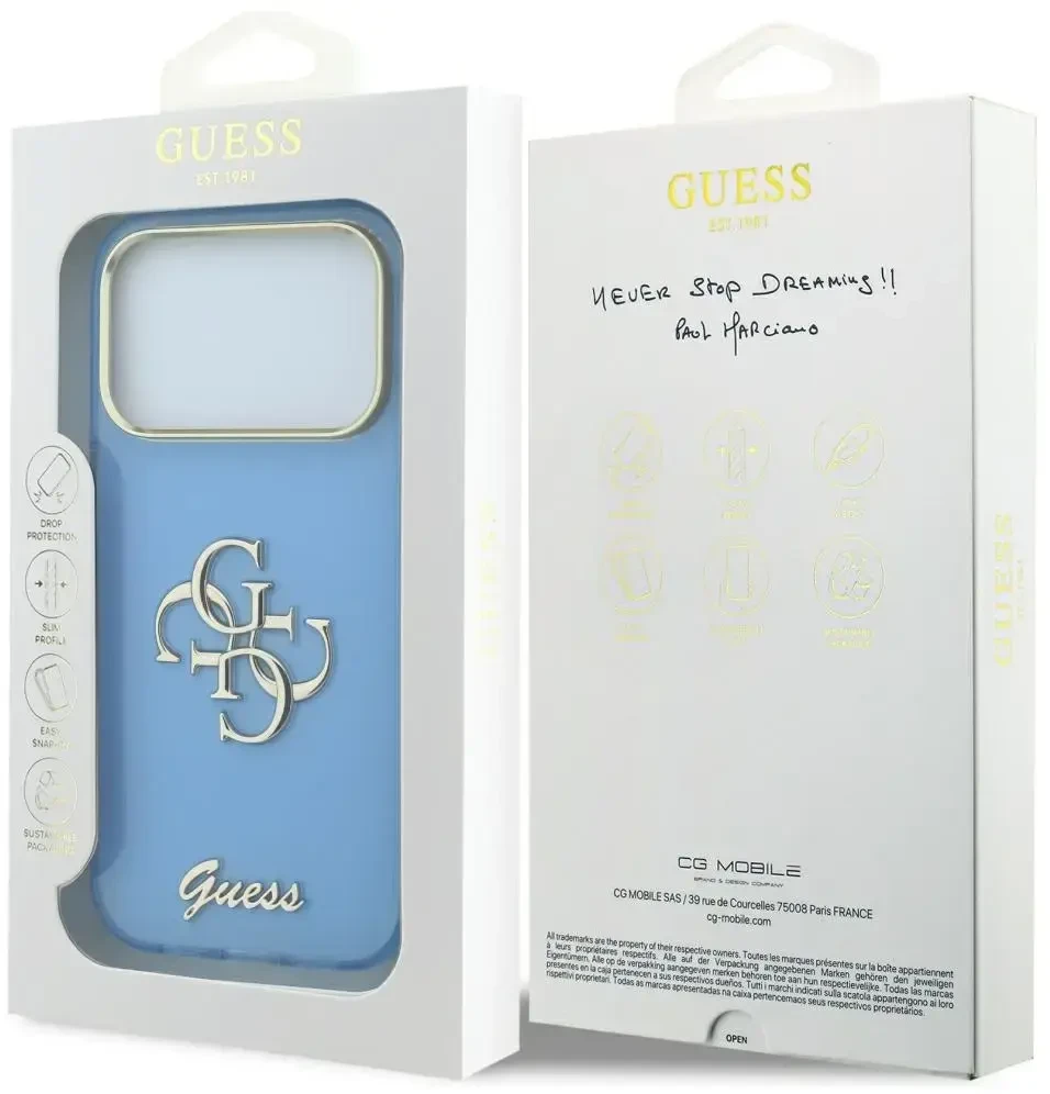 Dėklas Guess IML 4G Script Metal Case for iPhone 17 Pro / 18 Pro - Light Mėlyna