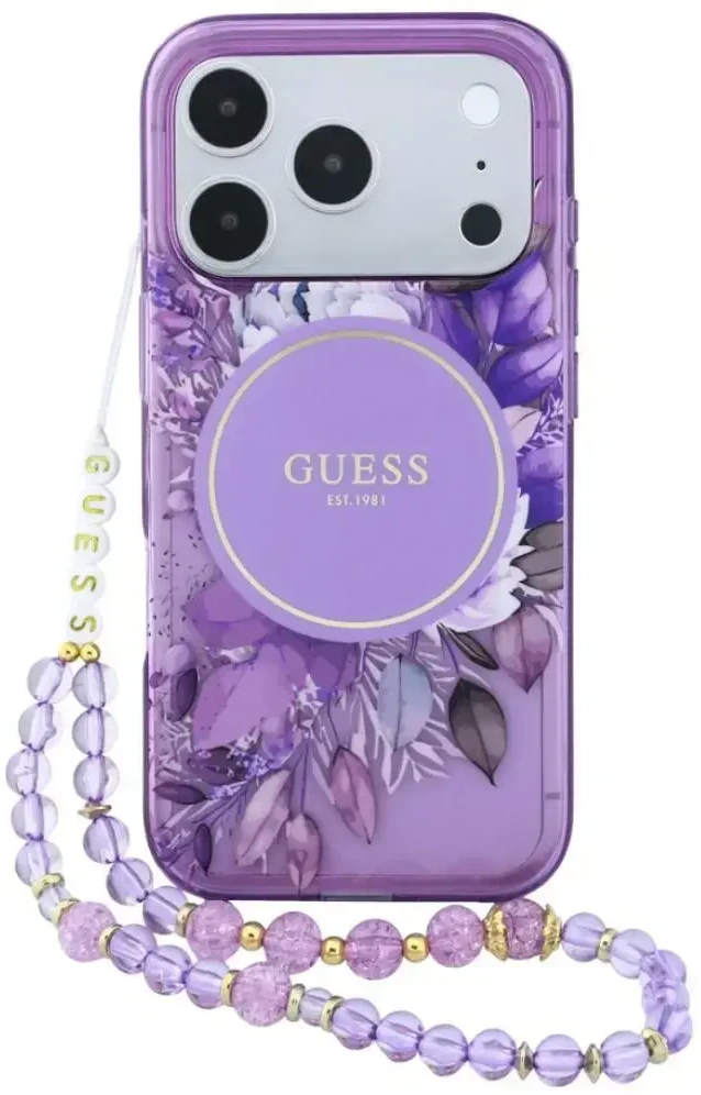 Dėklas Guess IML Flowers Pearl Strap MagSafe skirtas iPhone 18 Pro / 17 Pro violetinis