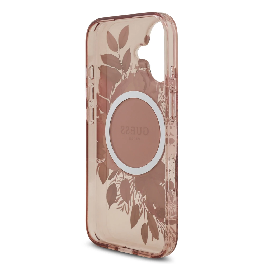 Guess IML Flowers virvelė MagSafe dėklas skirtas Apple iPhone 17 rožinės spalvos