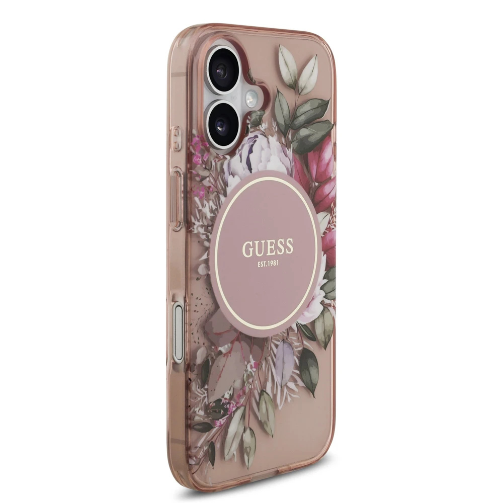 Guess IML Flowers virvelė MagSafe dėklas skirtas Apple iPhone 17 rožinės spalvos