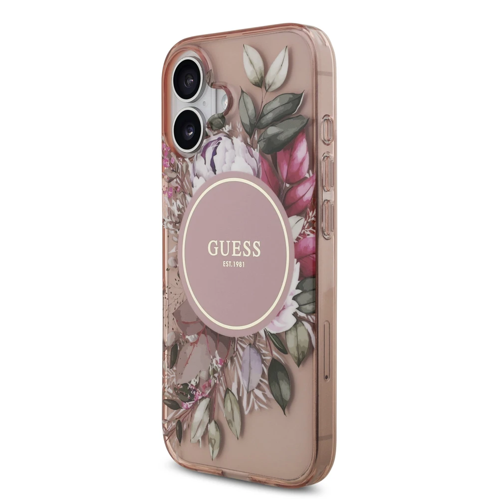 Guess IML Flowers virvelė MagSafe dėklas skirtas Apple iPhone 17 rožinės spalvos