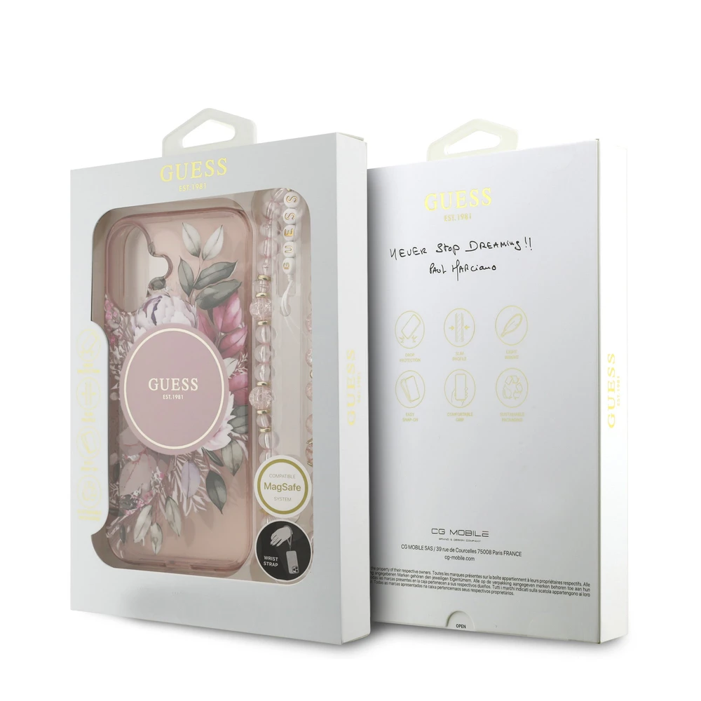 Guess IML Flowers virvelė MagSafe dėklas skirtas Apple iPhone 17 rožinės spalvos