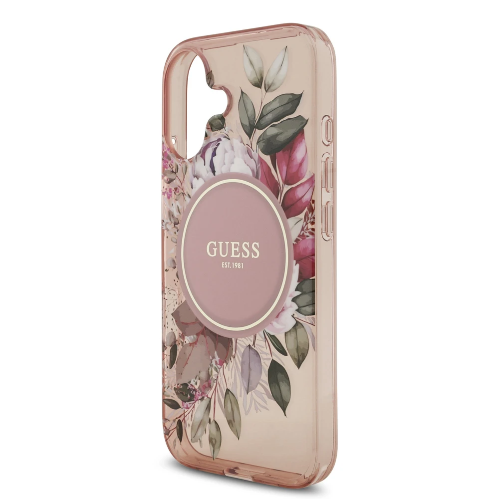 Guess IML Flowers virvelė MagSafe dėklas skirtas Apple iPhone 17 rožinės spalvos