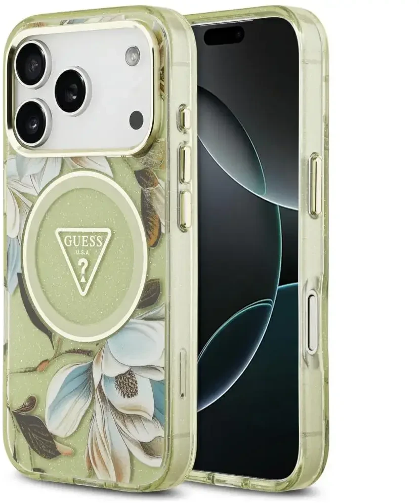 Dėklas Guess IML Glitter Flowers Triangle MagSafe Case for iPhone 17 Pro / 18 Pro - Žalias